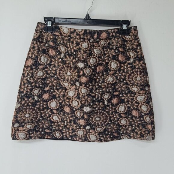 Alice & Olivia Embroidered Floral Quilted Mini Brown Neutral Skirt Size 29 - Picture 2 of 7
